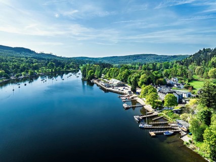 Windermere Lake from drone over Fell Foot Park, Lake District, Cumbria, England, United Kingdom