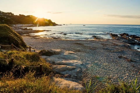 Picturesque beach, Plage de Bonne Terrasse, sunrise, Saint Tropez, Var, French Riviera,