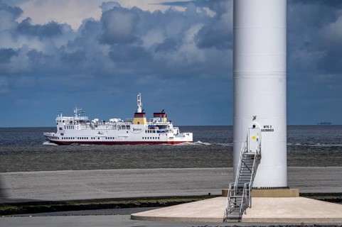 The North Sea car ferry Münsterland, departs from the ferry harbour of Eemshaven, in the Ems