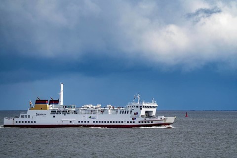 The North Sea car ferry Münsterland, arrives in the ferry harbour of Eemshaven, in the Ems estuary,