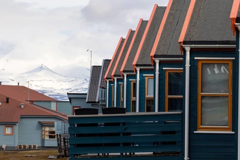 Colourful wooden houses in Riehe, Longyearbyen, Spitsbergen, Svalbard