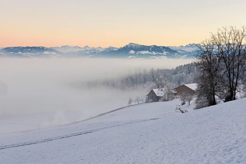 Farm in a freshly snow-covered landscape, behind the Alps with Rigi, Horben, Freiamt, Canton
