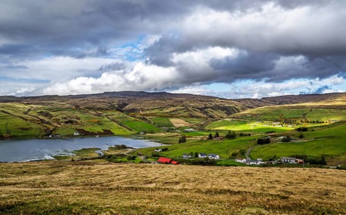Farms over Loch Harport, Drynoch, Isle of Skye, Scotland, UK