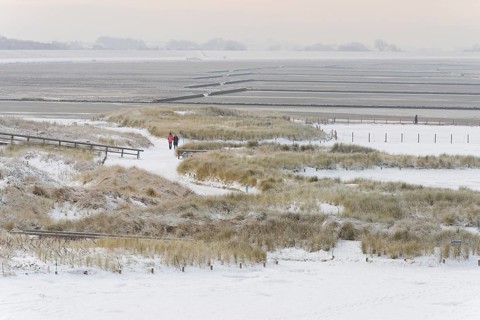 View over the snow-covered dune landscape of Norddeich, Wadden Sea at low tide, North Sea, Lower