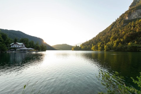 Sunrise in summer at Lake Thumsee near Bad Reichenhall with a view of the Seewirt