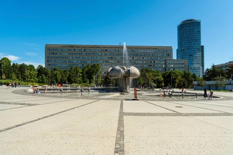 Freedom Square with a fountain in the shape of a lime blossom in Bratislava, Slovakia