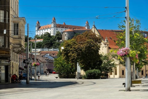 Capuchin monastery with a view of the castle in the city centre of Bratislava, Slovakia