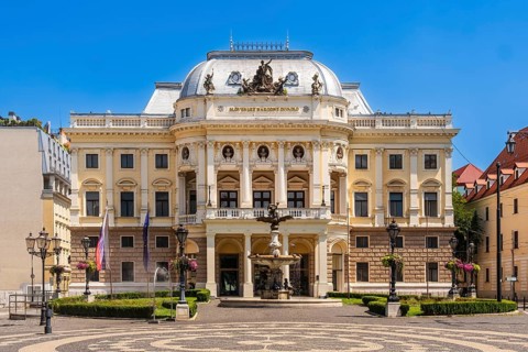 The Slovak National Theatre and the Ganymede Fountain on Hviezdoslav Square in Bratislava, Slovakia