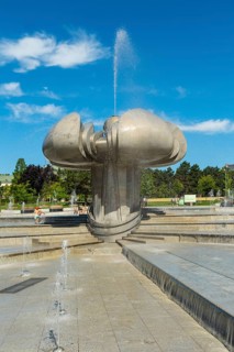 Freedom Square with a fountain in the shape of a lime blossom in Bratislava, Slovakia
