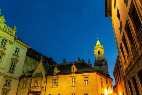 Night shot of Primitial Square with New and Old Town Hall and Primitial Palace in the historic