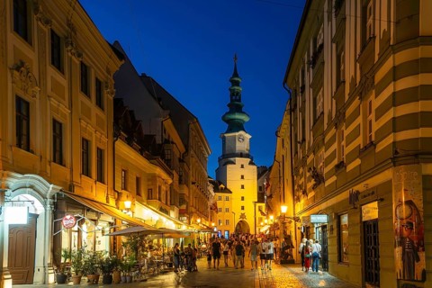 Night shot of St Michael's Gate (Michalská brána) in Bratislava, Slovakia