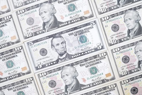 US dollar notes, 10 dollars, 5 dollars, banknotes