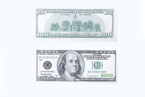 100 US dollar note, 100 dollar banknotes on white background