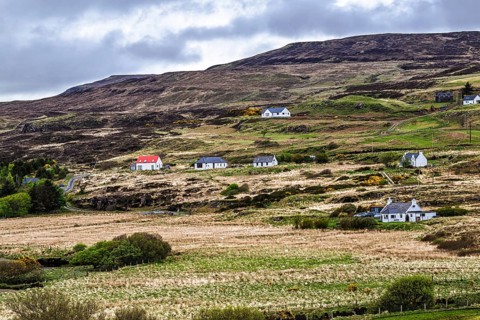 Farms over Loch Harport, Drynoch, Isle of Skye, Scotland, UK