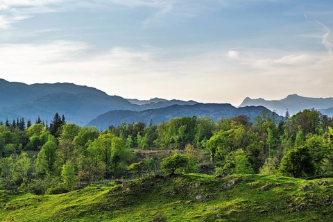 Mountains in Lake District National Park over Coniston Water, Cumbria, England, United Kingdom