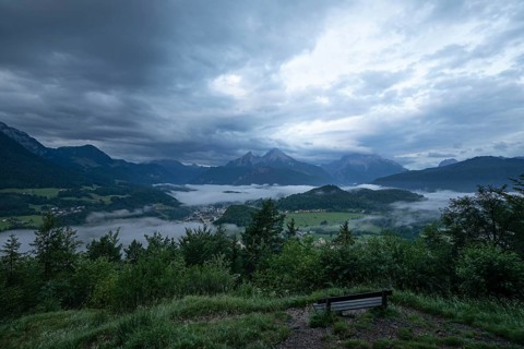 Marxenhöhe near Berchtesgaden with Watzmann view in the morning mist after the rain