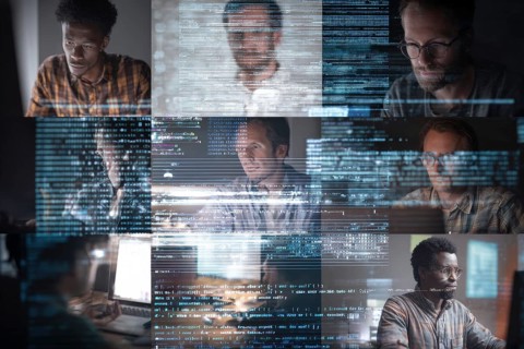 Collage of coders doing coding on transparent board. Concept of artificial AI programming and