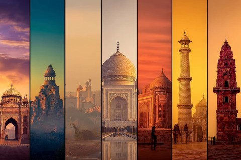 Collage of churches, mosques and hindu temples. Concept of travel and sightseeing, AI generated