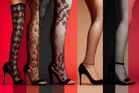 Collage of beautiful women legs in fishnets and high heels, AI generated