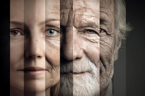 Collage of a face of the same person aging from young to old, AI generated