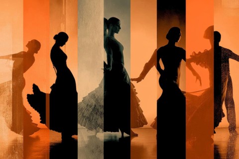 Collage of flamenco dancers. Passionate spanish music, AI generated