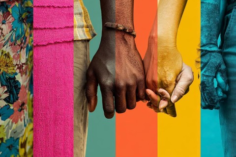Collage of diverse lovers holding hands together. Concept of love devotion and family values, AI