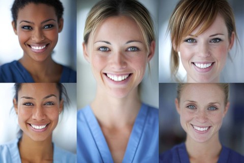 Collage of hospital nurses and medical professionals smiling. Concept of hospitality and excellent