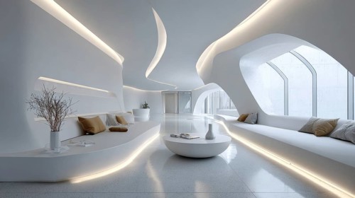 Bright futuristic living room with curved built-in sofa, oval windows create a glowing ambiance.