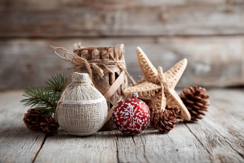Christmas decoration on wooden background, AI generated