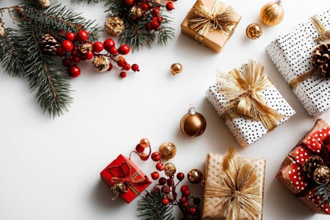 Christmas and New Year holiday background. Xmas greeting card and gifts on white background top