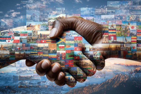 Collage and culture and business cooperation between governments. Shaking hands covered in
