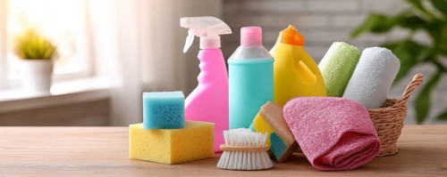 Cleaning set with products and tools on kitchen table, AI generated
