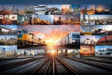 Collage international interconnected transportation businesses.Global trade and commerce of