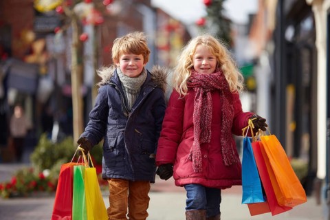 Children with colourful shopping bggs, AI generated