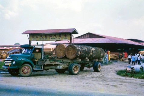 Timber lorry at East Johore Sawmills, Johor Bahru, Malaysia, Southeast Asia c 1963