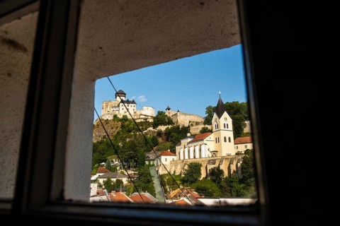 View of Trencín Castle, St Mary's Castle and the old town centre from the town tower, Capital of