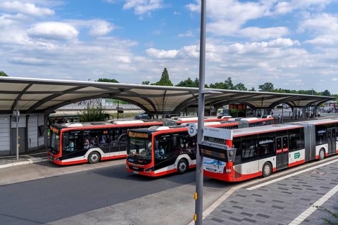 Bus station at Wiesdorf Leverkusen Mitte railway station, buses of the local transport company
