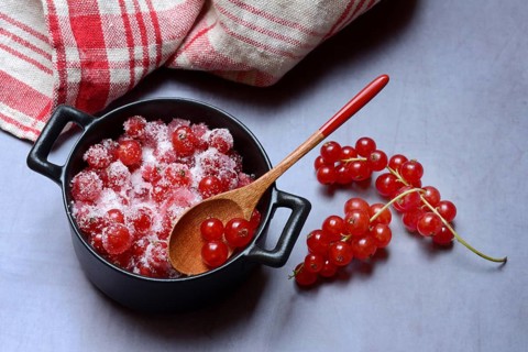 Redcurrants with sugar in pots, Ribes rubrum