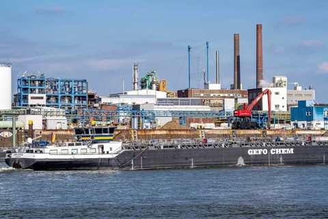 Scenery of Chempark Leverkusen, Bayer Leverkusen, chemical park, chemical plant, river Rhine, cargo