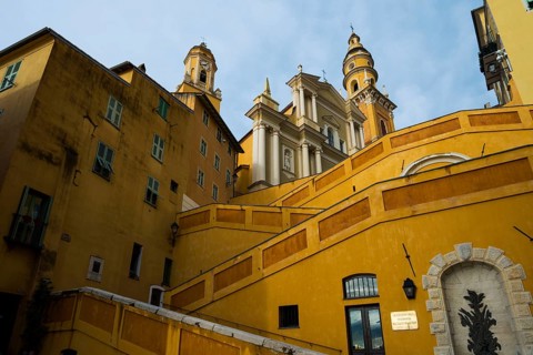 Town with colourful houses by the sea, sunrise, Menton, Alpes Maritimes, Provence Alpes Cote