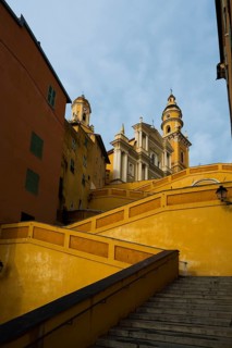 Town with colourful houses by the sea, sunrise, Menton, Alpes Maritimes, Provence Alpes Cote
