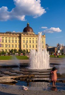 The Lustgarten with fountain and the Humboldt Forum, Berlin, Germany