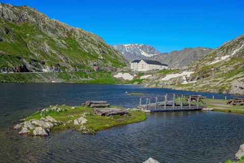 View from Italian side on small island in Lac du Grand Saint Bernard in the background on Swiss