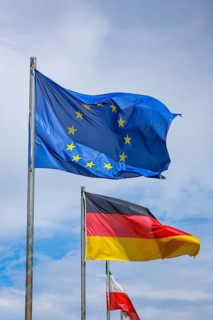 Düsseldorf, North Rhine-Westphalia, Germany - European flag, German flag and North Rhine-Westphalia