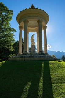 Statue of Venus with Cupid in the Temple of Venus above the terraced gardens, backlight, long