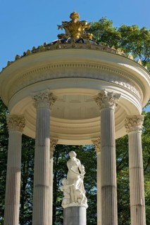 Statue of Venus with Cupid in the Temple of Venus above the terraced gardens, park of Linderhof