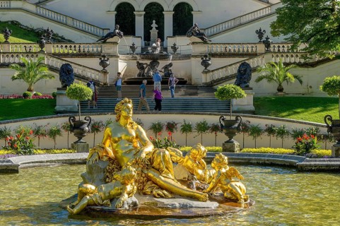 Basin, water basin with flora fountain in gold, palace park of Linderhof Palace, Neo Rococo, UNESCO