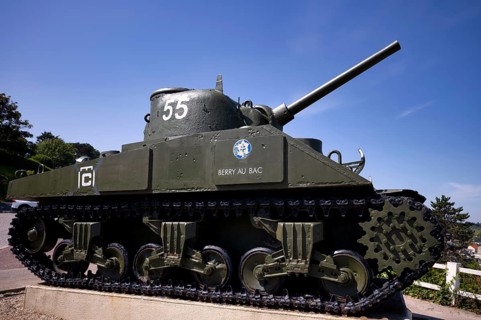 US-American Sherman tank Berry au Bac, emblem of the French liberation army, standing on the former