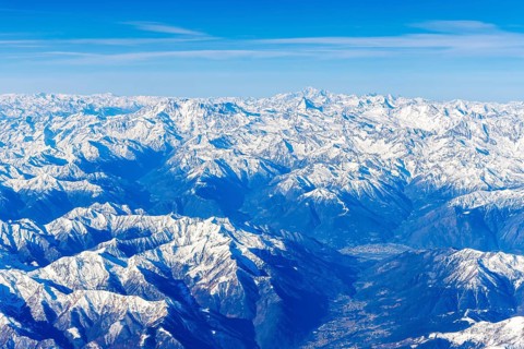 Alps panorama mountains with snow in winter with Matterhorn and Mont Blanc near Domodossola, Italy