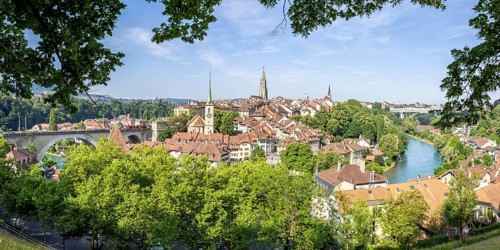 Bern City on the River Aare Old Town with Church Bern Cathedral Panorama in Bern, Switzerland